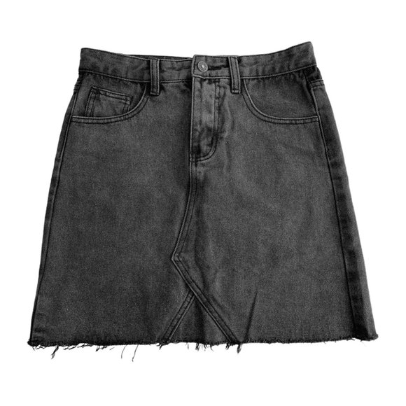 Denim Washed Off Black Mini Skirt Fringe Trim Small Dark Grey Gray Mini Skirt - Picture 2 of 6